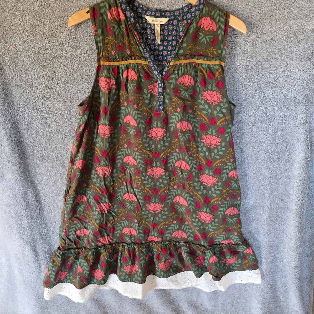 Matilda Jane Womens Olive Green Floral Ruffle Eyelet Tunic Dress S Sleeveless‎